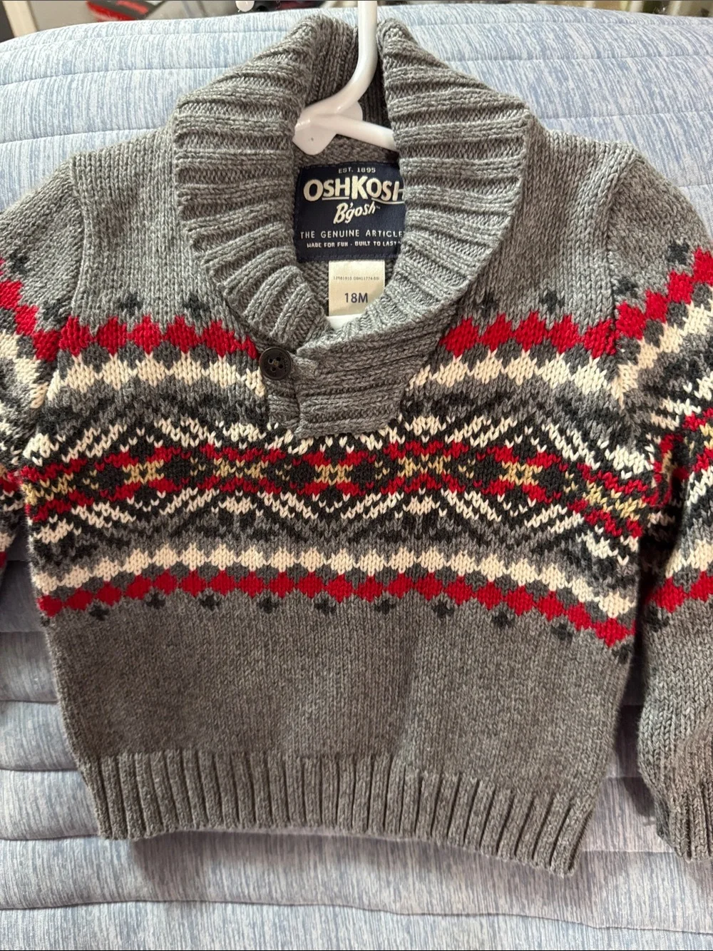 OshKosh B'gosh Gray Turtleneck Fair Isle Sweater with Red and Cream Accents